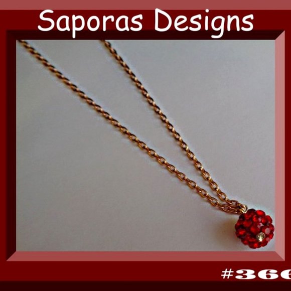 Gold Tone Necklace With Red Crystal Ball Christmas Style For Women - Picture 1 of 1